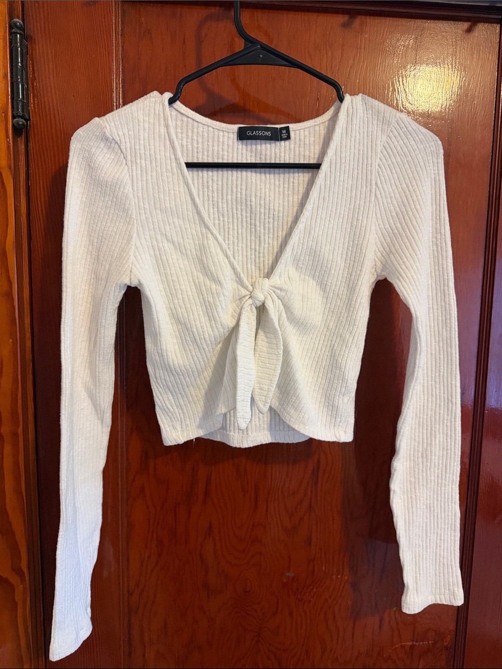 Glassons Cream Ribbed Tie-Front Crop Top